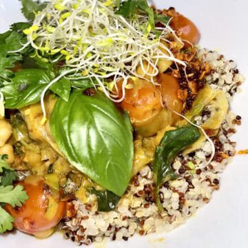 Ssamjang chickpea curry with cherry tomatoes over tri-color quinoa, topped with basil, cilantro, and alfalfa sprouts
