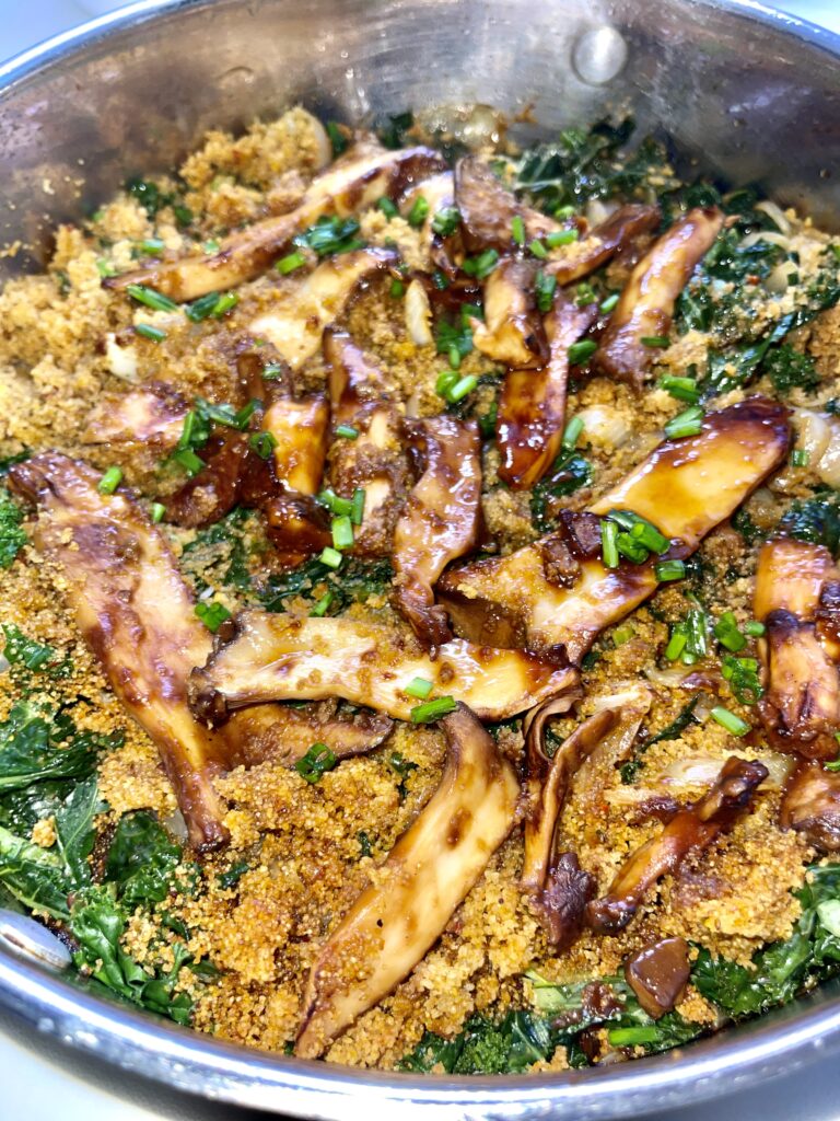 Bourbon-glazed king trumpet mushrooms with kale and fonio Recipe