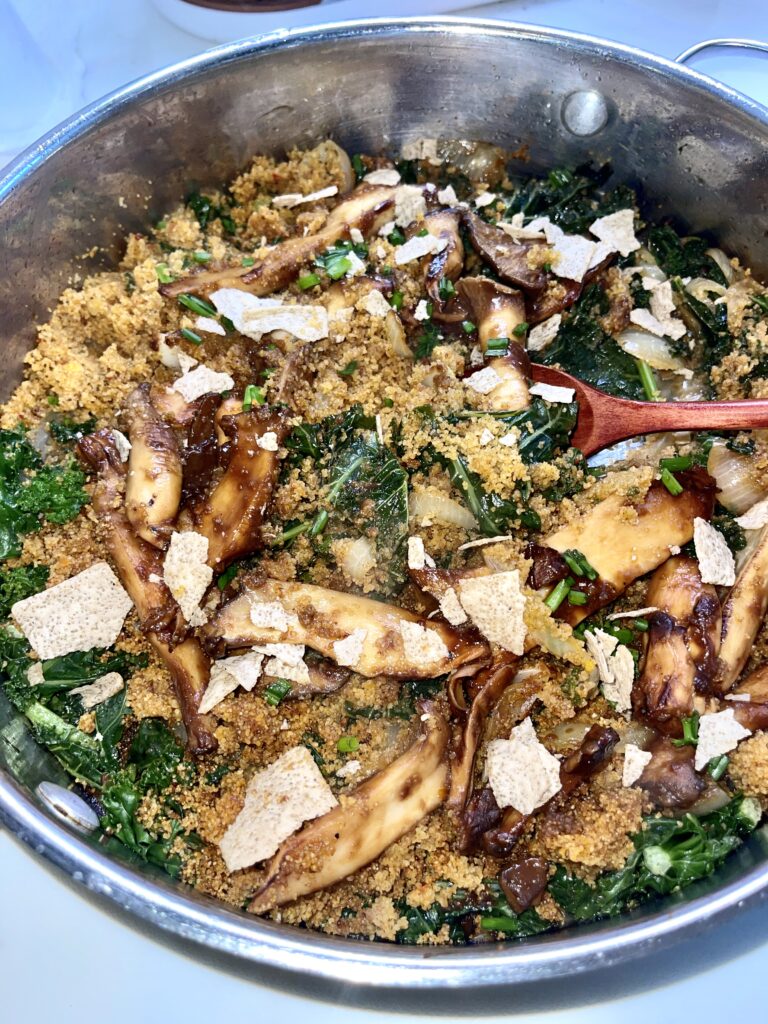 Bourbon-glazed king trumpet mushrooms with kale and fonio