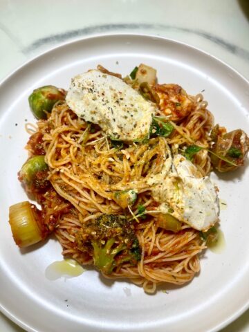 Angel Hair Vegetarian Recipe with Roasted Vegetables and Vegan Cheese