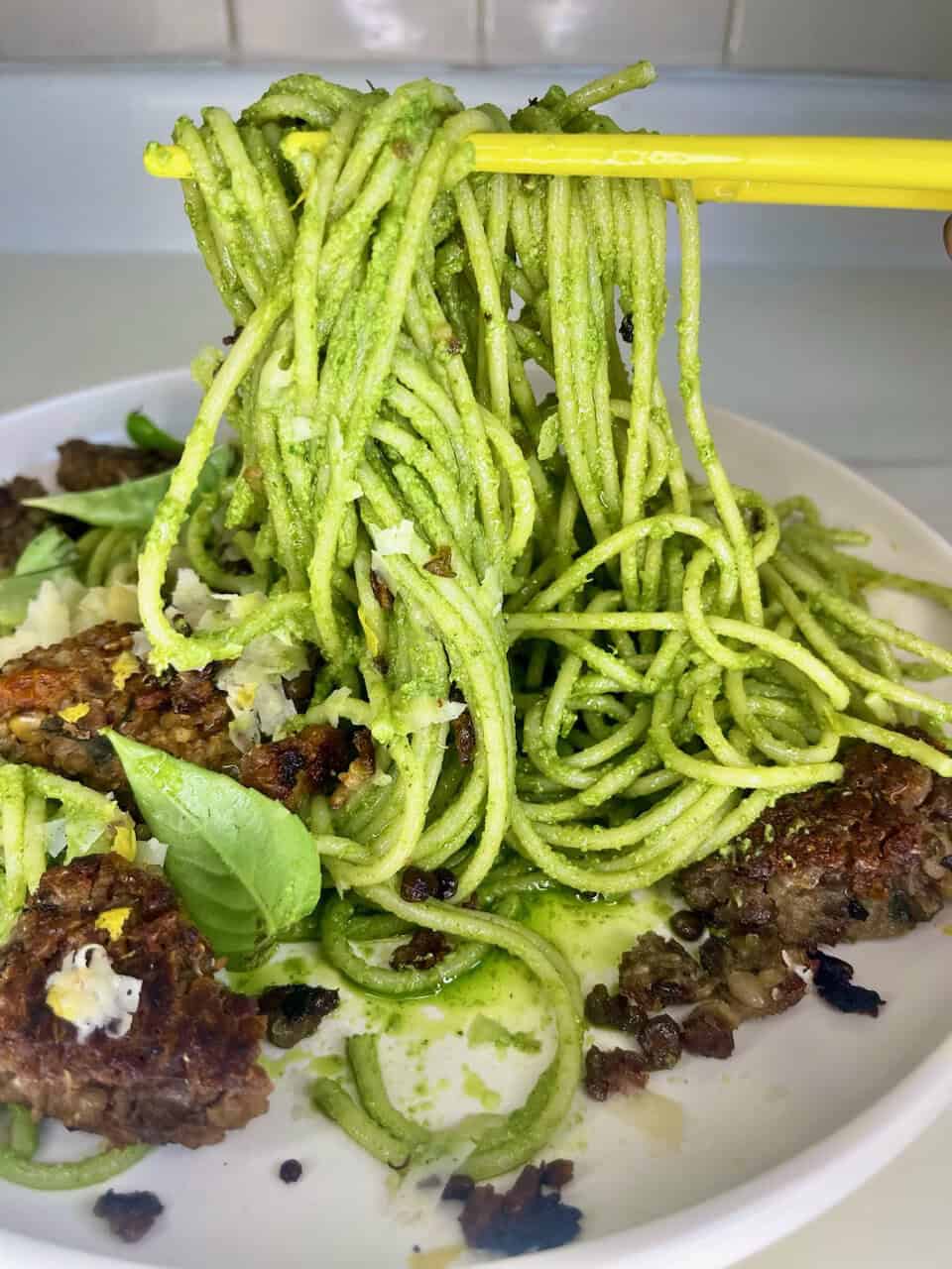 Green veggie noodles with falafel and green sauce, vegan comfort food, healthy plant-based meal, madepurethyheart.