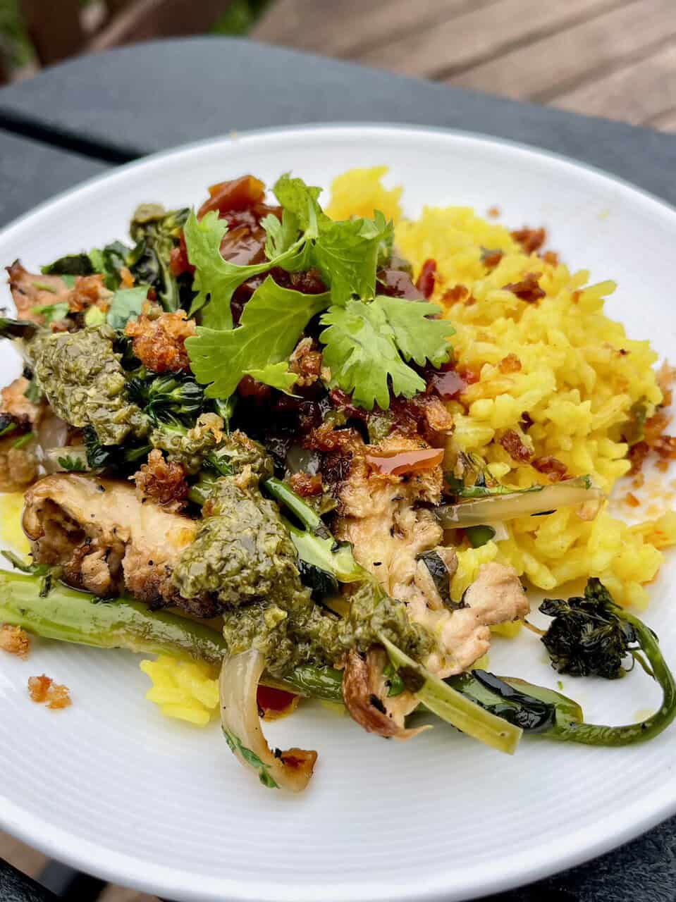 Vibrant healthy meal with roasted vegetables, greens, and yellow rice for nutritious eating at Make Pure Thy Heart.