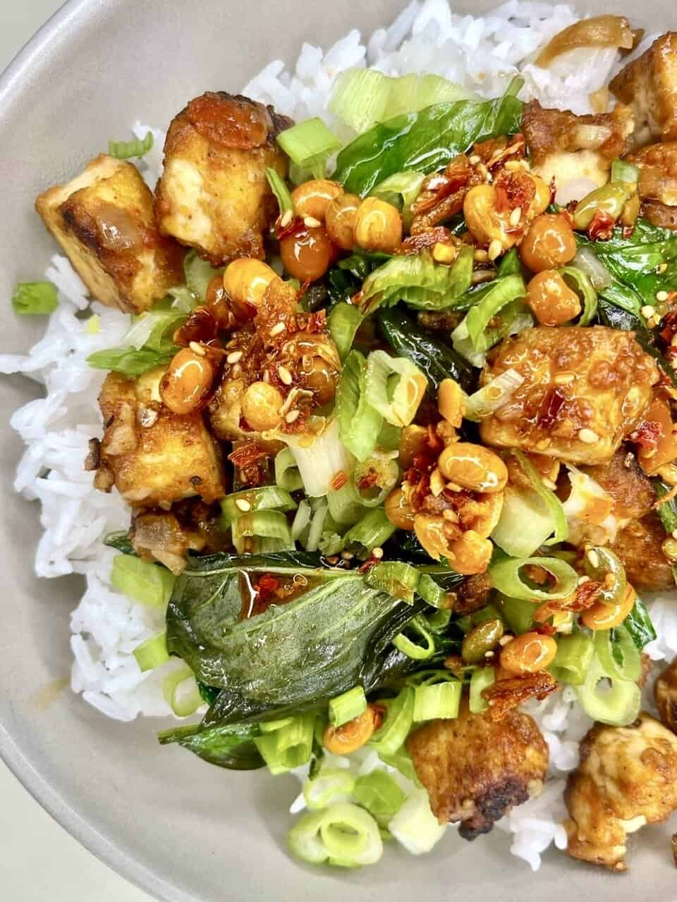 Crispy tofu with green onions and chili sauce on white rice, healthy vegan Asian dish.