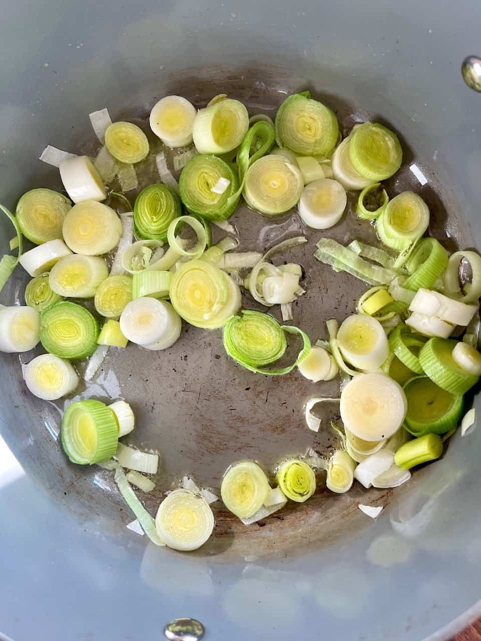 Sliced green onions cooking in a pot for healthy recipes focusing on nourishment and wellness.