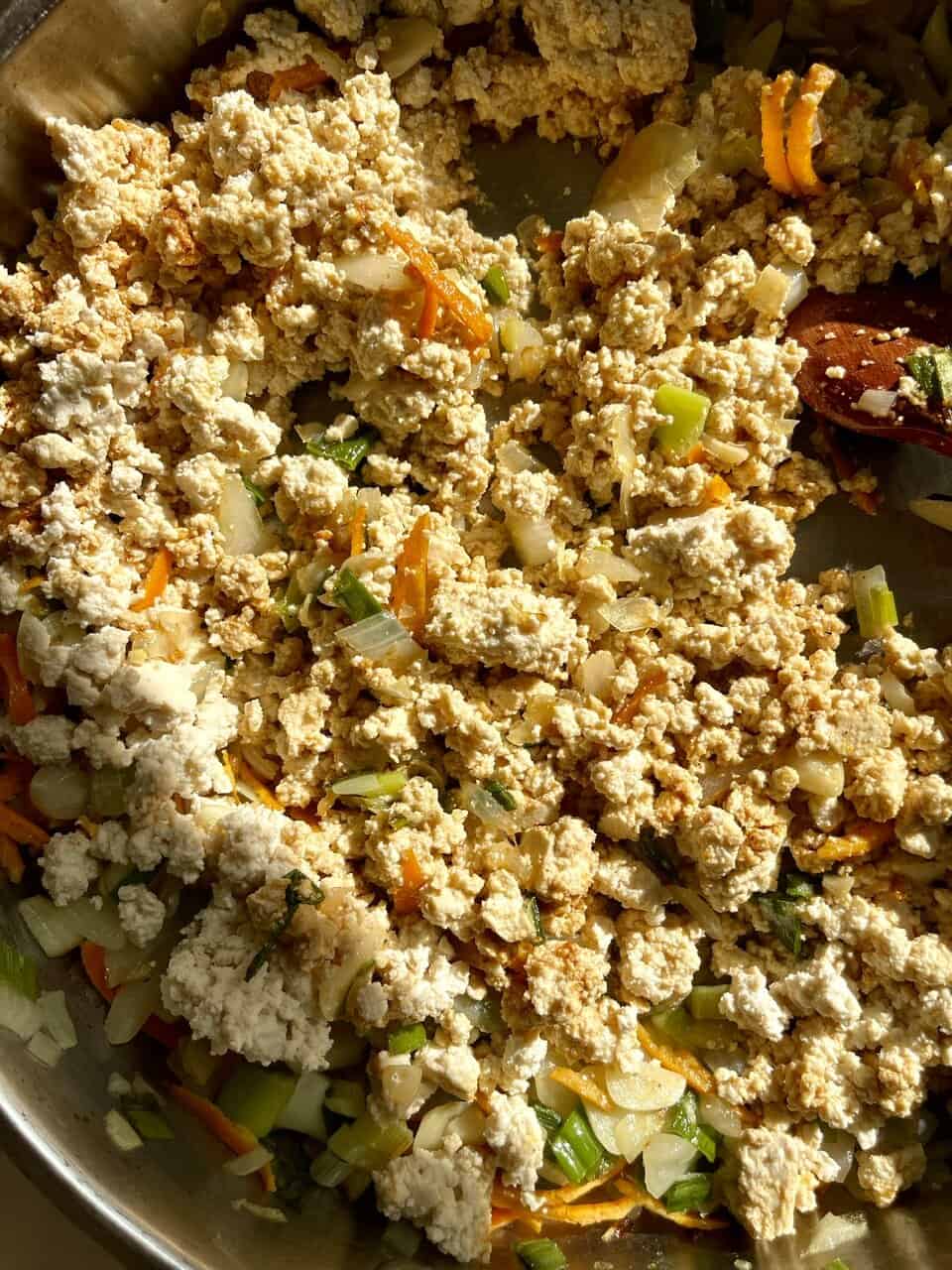 Crumbled tofu with vegetables in a skillet, healthy plant-based protein, vegan meal, protein-packed, Make Pure Thy Heart recipe.