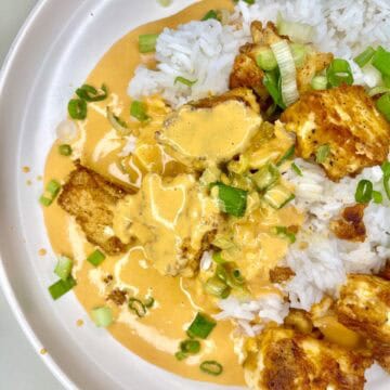 Savory chicken and rice dish with creamy curry sauce, garnished with green onions.
