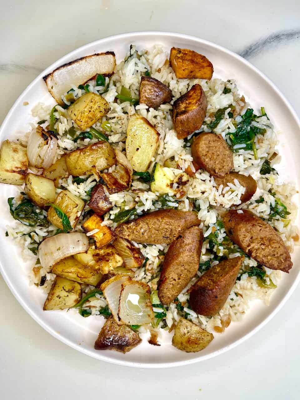 Easy Vegan Sausage Sheet Pan Dinner with Scallion Spinach Rice-image