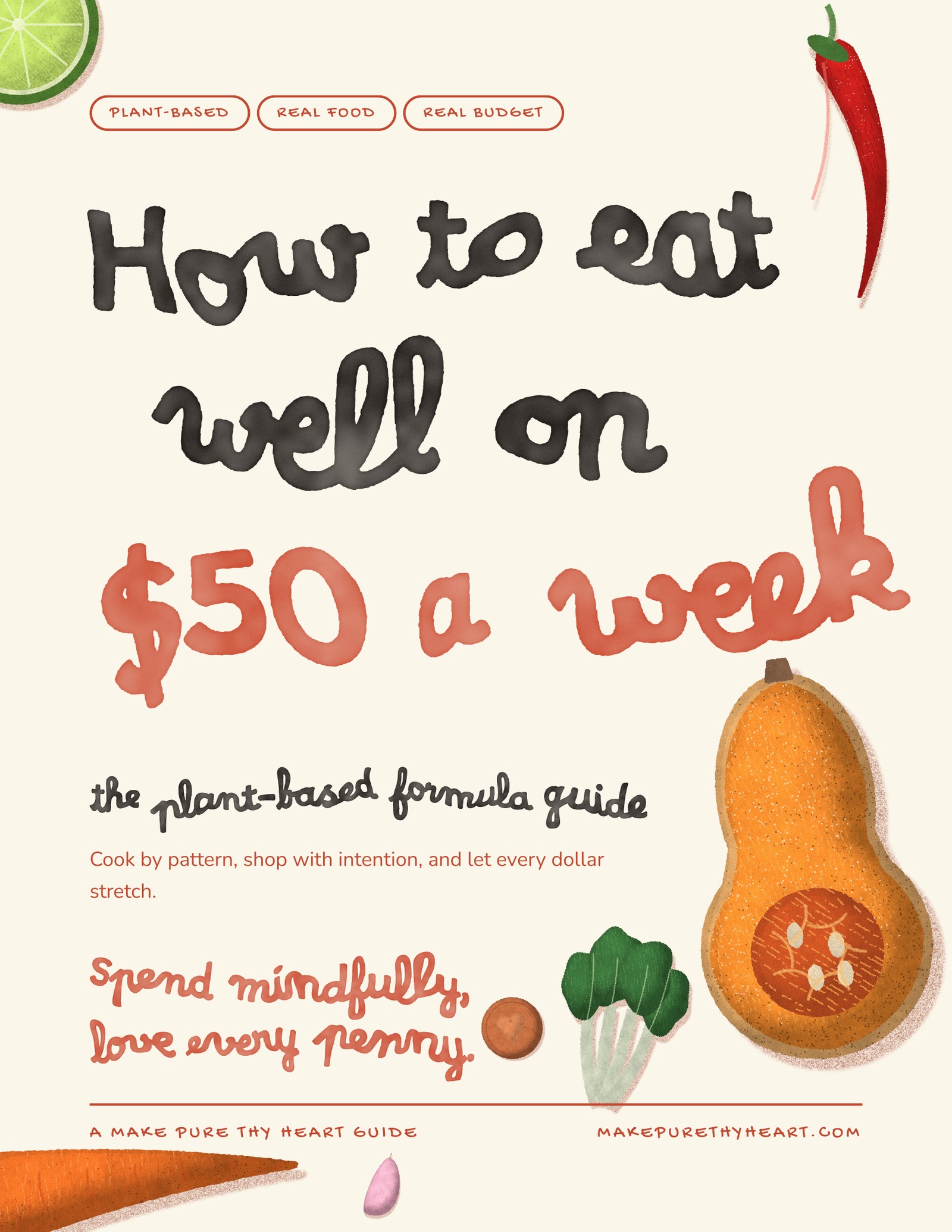 How to Eat Well on $50 a Week ebook cover with hand-painted lettering and vegetables