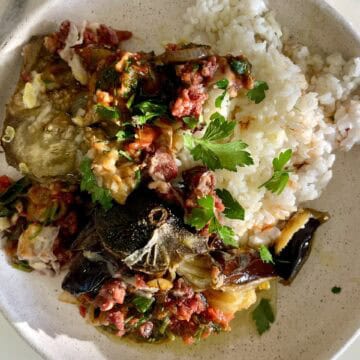 Turkish stuffed eggplant with tomatoes, onions, and herbs served with rice.